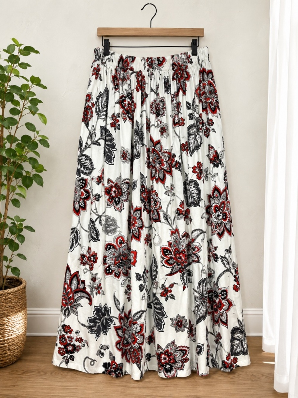 Floral Maxi Skirt Red Black White Boho Cottagecore Elastic Waist